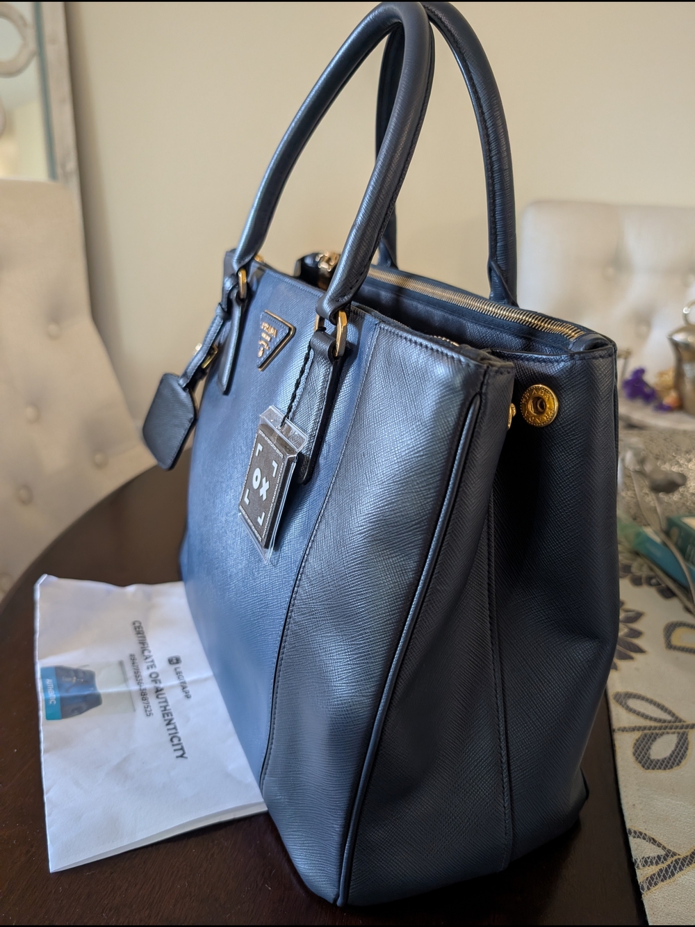 Prada Navy Saffiano Leather Tote with Gold Hardware - Picture 6 of 16